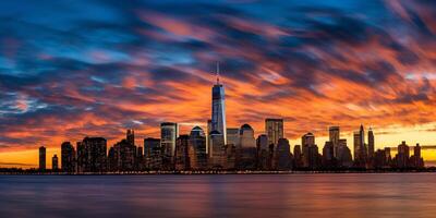 ai generatief nieuw york stad panorama Bij zonsondergang met een dramatisch lucht in de achtergrond foto