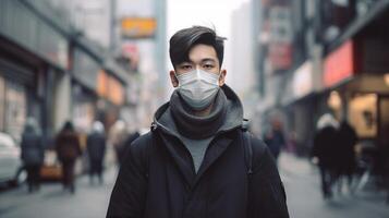 ai generatief nieuw normaal levensstijl concept met multiraciaal mensen gedekt door gezicht masker wandelen Aan stad straat focus Aan vent Aan de midden- foto