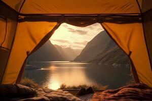 ai generatief pov visie van hipster toerist binnen tent in voorkant van bergen landschap avontuur wandelen en reislust concept foto