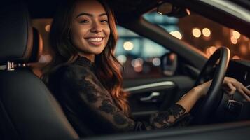 ai generatief foto van positief verrukkelijk vrouw bestuurder genieten van auto rijden gelukkig jong vrouw buying nieuw auto auto- industrie en verhuur auto concept