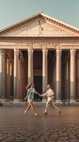 ai generatief portret van een mooi gelukkig paar Bij vakantie in Rome in voorkant van pantheon amfitheater Italië concept over vakantie reizen mensen en levensstijl foto