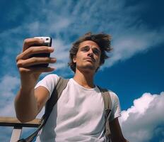 ai generatief portret van een knap Kaukasisch Mens glimlachen nemen een selfie Aan een blauw lucht achtergrond foto