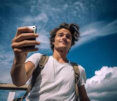 ai generatief portret van een knap Kaukasisch Mens glimlachen nemen een selfie Aan een blauw lucht achtergrond foto