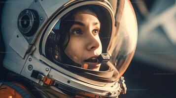 ai generatief portret van de volwassen vrouw astronaut op zoek Bij planeet aarde ruimte reizen exploratie en zonne- systeem kolonisatie concept foto