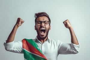 ai generatief portret van jong Mens schreeuwen Bij camera doel winnaar vieren protest Aankondiging concept foto