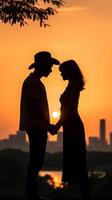 ai generatief romantisch paar zoenen Bij zonsondergang buitenshuis foto