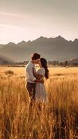 ai generatief romantisch paar nemen een selfie en zoenen Aan een veld- Bij vakantie foto
