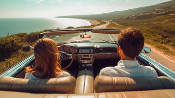 ai generatief romantisch ontsnappen in Tenerife paar in liefde zoenen Aan een klif Bij weg reis met een converteerbaar auto foto