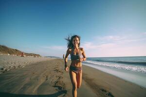 ai generatief rennen vrouw stopt voor adem Bij de strand zee achtergrond Kaukasisch mensen mensen en sport concept foto