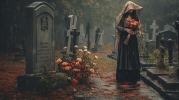 ai generatief verdrietig vrouw in de begraafplaats Holding boeket van rozen in haar hand- foto