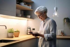 ai generatief senior vrouw nemen een selfie Koken groenten met helpen van recept Aan tablet in de keuken Bij huis foto