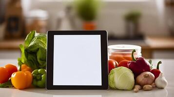 ai generatief senior vrouw nemen een selfie Koken groenten met helpen van recept Aan tablet in de keuken Bij huis foto