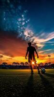 ai generatief silhouet van een voetbal speler Aan een Amerikaans voetbal veld- Bij zonsondergang sportief Mens is dribbelen met de bal buitenshuis foto