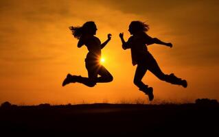 ai generatief silhouet van een paar in liefde jumping met verheven armen Aan een tarwe veld- Bij zonsondergang foto