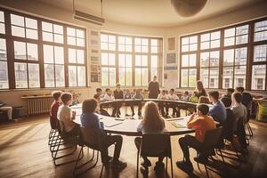 ai generatief studenten aan het doen groep project zittend in Universiteit campus terug naar school- concept foto