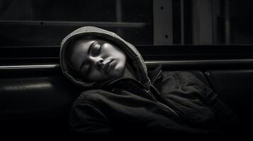 ai generatief moe vrouw slapen Aan de metro foto