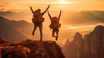 ai generatief twee wandelaars jumping Aan de top van de berg verhogen armen omhoog genieten van zonsondergang vallei visie foto