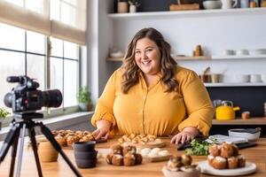 ai generatief vrouw Koken gezond voedsel in de keuken voedsel blogger opname video zelfstudie Bij huis mensen voedsel en blogger concept foto