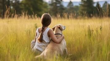 ai generatief vrouw knuffelen haar hond Bij de veld- Bij zonsondergang liefde tussen menselijk en hond foto