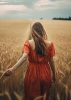 ai generatief vrouw in jurk wandelen door de tarwe veld- Aan een meer jong meisje genieten van leven en vrijheid in de natuur Bij vakantie foto