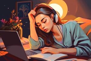 ai generatief vrouw Aan de bed aan het studeren gebruik makend van haar laptop en smartphone concept over technologie mensen en levensstijl foto