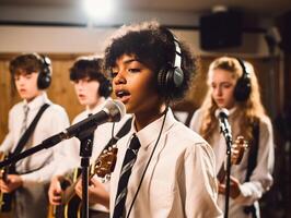 ai generatief jong band muziek- opname in een studio foto