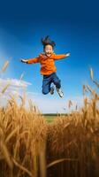 ai generatief jong gelukkig Mens jumping Aan een tarwe veld- succes en geluk concept foto