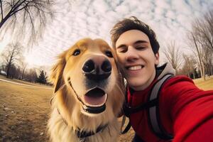 ai generatief jong gelukkig Mens nemen selfie met zijn hond in een park glimlachen vent en puppy hebben pret samen buitenshuis vriendschap en liefde tussen mensen en dieren concept foto