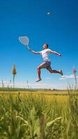 ai generatief jong gelukkig Mens jumping Aan een tarwe veld- succes en geluk concept foto