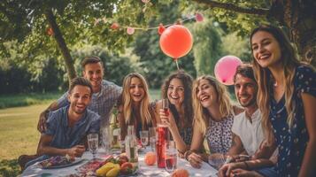 ai generatief jong mensen aan het eten gezond voedsel Bij bio biologisch restaurant gelukkig vrienden hebben picknick tuin partij geluk en vriendschap concept foto