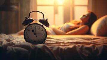 ai generatief jong vrouw aan het liegen in bed in de ochtend- ze is ontwaken omhoog laat met alarm klok foto