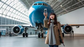 ai generatief jong vrouw duurt een selfie Bij de luchthaven in voorkant van een vlak voordat de vertrek concept over reizen en technologie foto