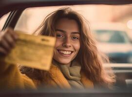 ai generatief meisje in de auto glimlachen tonen de sleutels Kaukasisch mensen foto