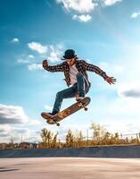ai generatief vent doet sommige truc met zijn skateboard hobby en levensstijl concept foto