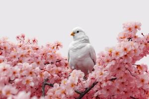 ai generatief mooi vogel whiteheaded bulbulhypsipetes thompson met kers bloesem roze sakura bloem foto