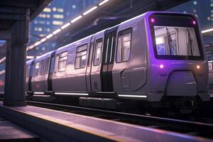 ai gegenereerd modern metro trein ondergronds vervoer openbaar doorvoer schoon metro station platform stad reizen toerisme spoorweg hoog snelheid futuristische in beweging buis passagier treinen uitdrukken terminal foto