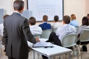 ai gegenereerd terug visie onherkenbaar docent leraar senior professor formeel pak zakenman mannetje baas het uitvoeren van presentatie groep studenten in auditorium binnen. spreker Bij conferentie vergadering foto