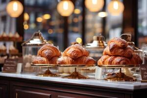 ai gegenereerd klein knus cafe koffie winkel bakkerij voltooien bestellen bedrijf interieur zonnig ochtend- licht barista aanbiedingen goedkoop heet smakelijk cacao latte cappuccino americano espresso baguette brood bun foto