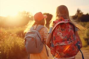 ai gegenereerd eerste dag elementair school- groep weinig kinderen schoolkinderen leerlingen studenten samen gaan college klasse les studie leren rugzakken terug visie. nieuw academisch semester jaar begin primair foto