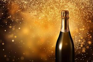 ai gegenereerd creatief Kerstmis nieuw jaar wazig achtergrond gouden glinsterende glimmend Champagne sprankelend wijn alcohol fles confetti vakantie viering. partij verjaardag juichen groet foto