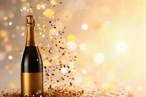 ai gegenereerd creatief Kerstmis nieuw jaar wazig achtergrond gouden glinsterende glimmend Champagne sprankelend wijn alcohol fles confetti vakantie viering. partij verjaardag juichen groet foto