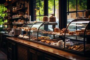 ai gegenereerd klein knus cafe koffie winkel bakkerij voltooien bestellen bedrijf interieur zonnig ochtend- licht barista aanbiedingen goedkoop heet smakelijk cacao latte cappuccino americano espresso baguette brood bun foto