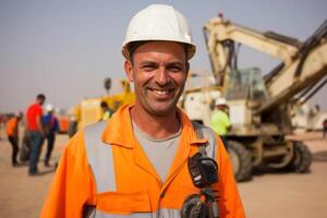 ai gegenereerd portret gelukkig volwassen glimlachen Kaukasisch mannetje Mens vent aannemer arbeider ingenieur harde hoed werkkleding gebouw kraan samenspel leiderschap. professioneel specialist industrieel bedrijf foto