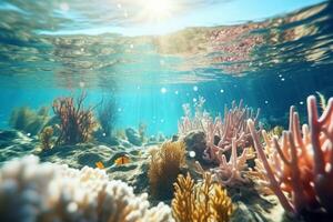 ai gegenereerd onderwater- mooi kleurrijk dansen rif anemoon groep koraal tropisch dier anemonefish natuur zout water vis tank aquarium. ecologie snorkel duiken ecosysteem milieu opslaan planeet foto