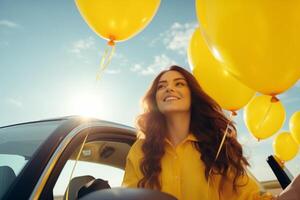 ai gegenereerd mooi Kaukasisch vrouw met geel ballonnen meisje glimlachen krijgen uit van auto vakantie vakantie verjaardag Gefeliciteerd vreugde geluk pret weekend vieren model- dame verjaardag feestelijk foto