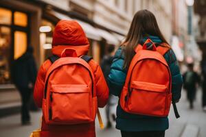 ai gegenereerd eerste dag elementair school- groep weinig kinderen schoolkinderen leerlingen studenten samen gaan college klasse les studie leren rood rugzakken terug visie. nieuw academisch semester jaar begin foto