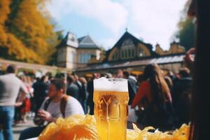 ai gegenereerd verkoudheid vers schittering heerlijk ongebotteld ambacht bier schuim mok glas vaatje bier houten tafel bar kroeg. brouwerij alcohol niet alcoholisch drinken partij degustatie vakantie oktoberfeest München foto