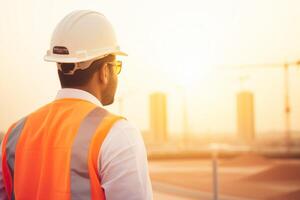 ai gegenereerd terug visie attent arbeider ingenieur silhouet tegen gebouw bouw gas- olie pomp industrie uitrusting opslagruimte tank zonsondergang avond tijd. pijpleidingen milieu ecologie verontreiniging foto