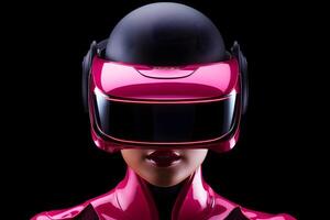 ai gegenereerd vrouw vervelend virtueel realiteit helm Aan een gekleurde roze achtergrond in de studio. dame in 3d vr bril met kopiëren ruimte. foto