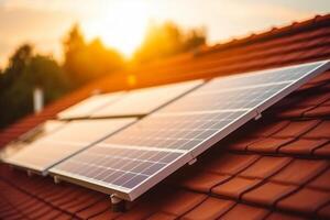 ai gegenereerd zonne- paneel accu rood dak huis zon energie modern zonlicht technologie generator innovatie luxe alternatief bron elektriciteit cel ecologisch uitrusting milieu macht hernieuwbaar foto